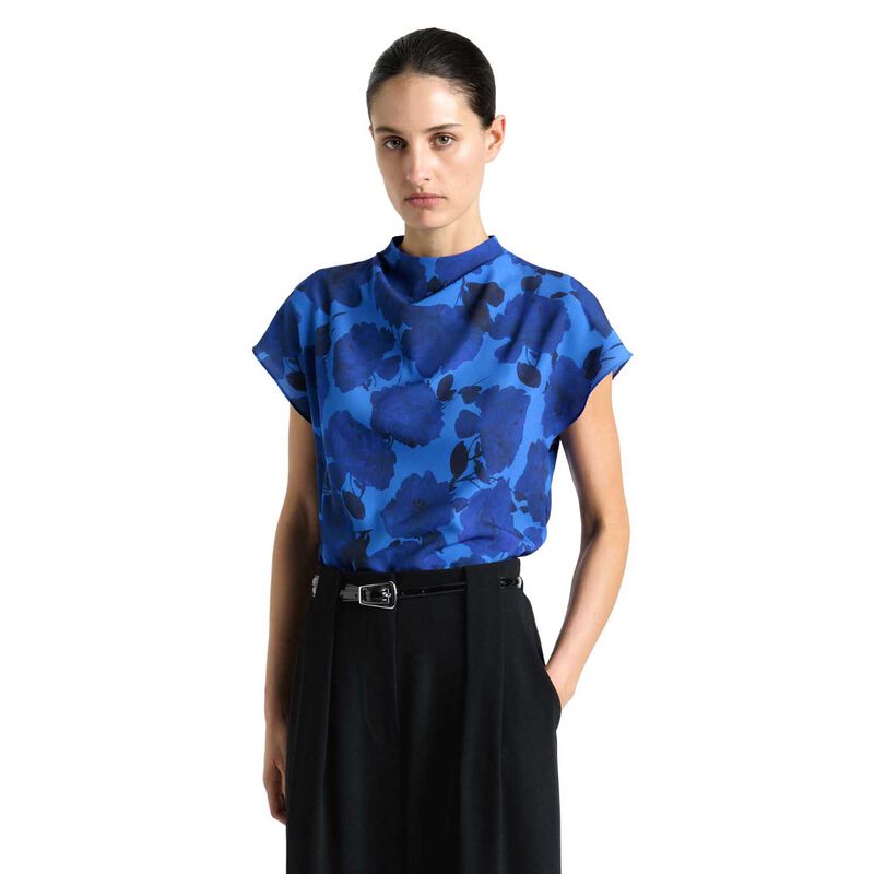 Cue Blue Stencil Floral Short Sleeve Blouse image number 0